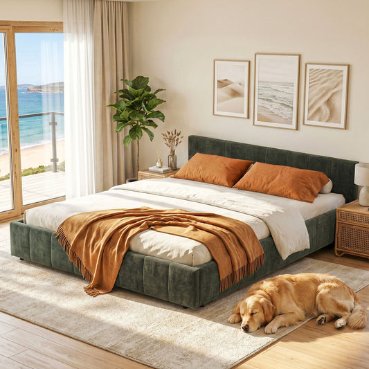 Artiss QUEEN Bed Frame Chenille Upholstered Heavy Duty Platform Base Green