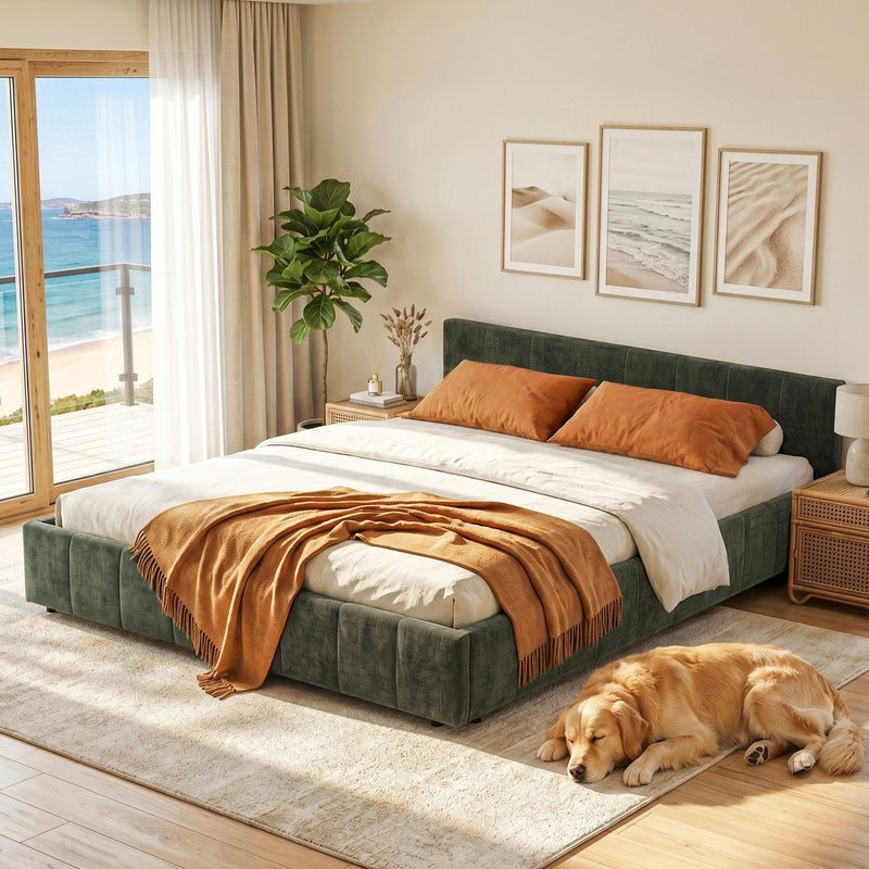 Artiss QUEEN Bed Frame Chenille Upholstered Heavy Duty Platform Base Green