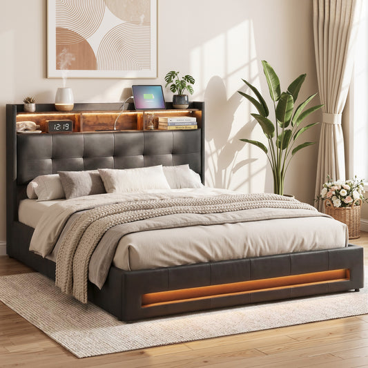 Artiss Double Bed Frame Gas Lift Storage LED Headboard Shelf Charger