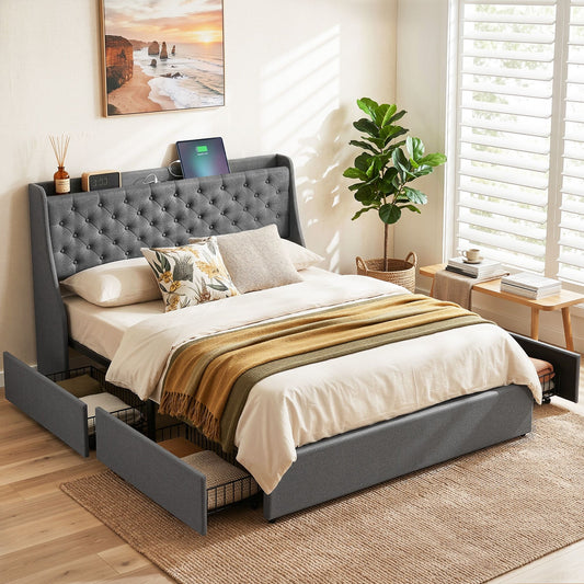 Artiss QUEEN Bed Frame with 4 Storage Drawers and Charging Station Tufted Wingback Headboard 300kg Loads Charcoal Grey