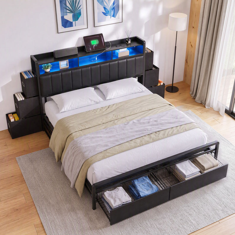 Artiss King Bed Frame with Storage Headboard, 2 Drawers, Charging Station & LED Light
