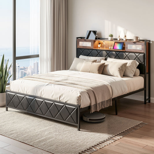 Artiss King Bed Frame LED Storage Headboard Charging Station