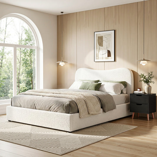 Artiss DOUBLE Bed Frame and Bedside Table Set Boucle Beige with Headboard Black Nightstand