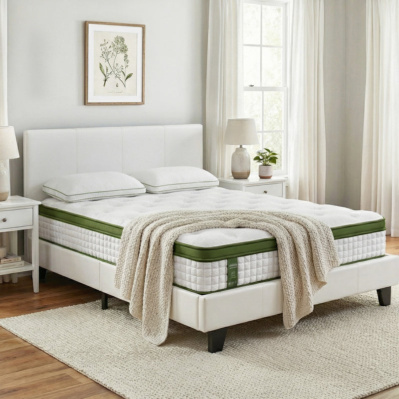 Artiss DOUBLE Bed Frame White PVC Leather Platform Hybrid Mattress