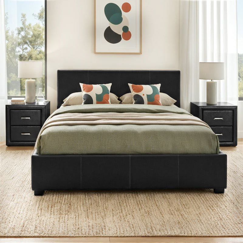 Artiss Queen Gas Lift Bed Frame 2 Bedside Tables Black Leather
