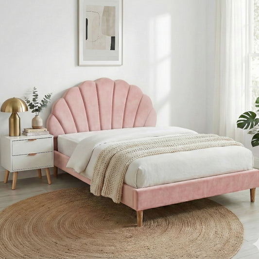 Artiss Double Bed Frame Scallop Headboard Pink Velvet 2 Drawer