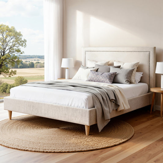 Artiss Queen Bed Frame Upholstered Headboard Linen Beige