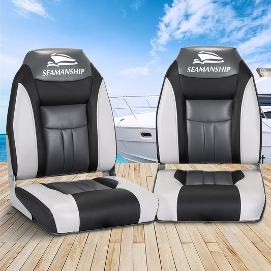 Seamanship 2X Folding Boat Seats Swivel High Back Black 12cm Padding
