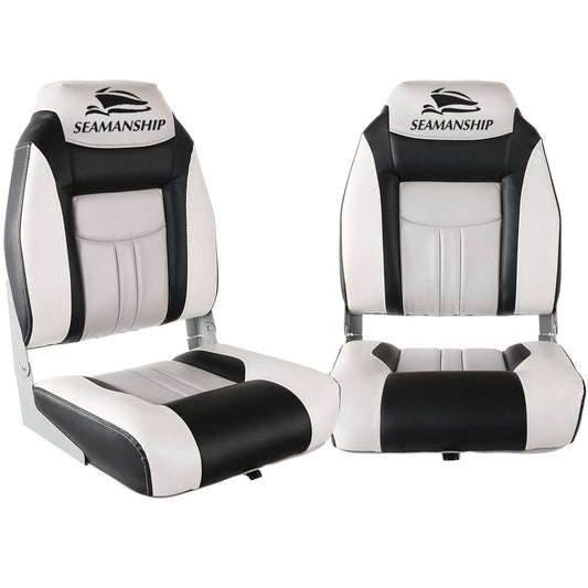 Seamanship 2X Folding Boat Seats Swivel High Back Grey 12cm Pad