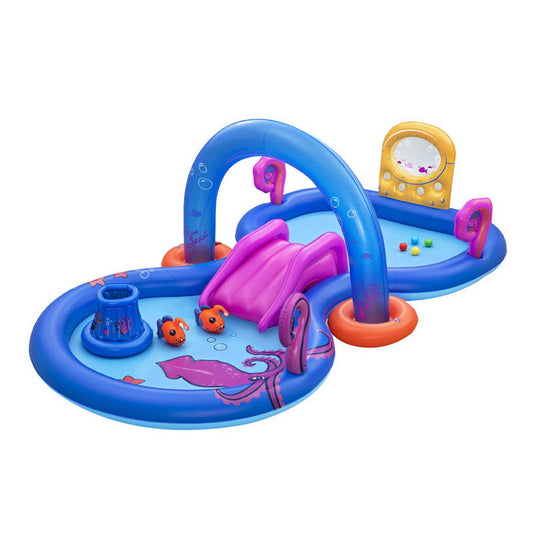 Bestway Kids Inflatable Play Splash Pool with Slide Ball Tossing Toys Coral Basket