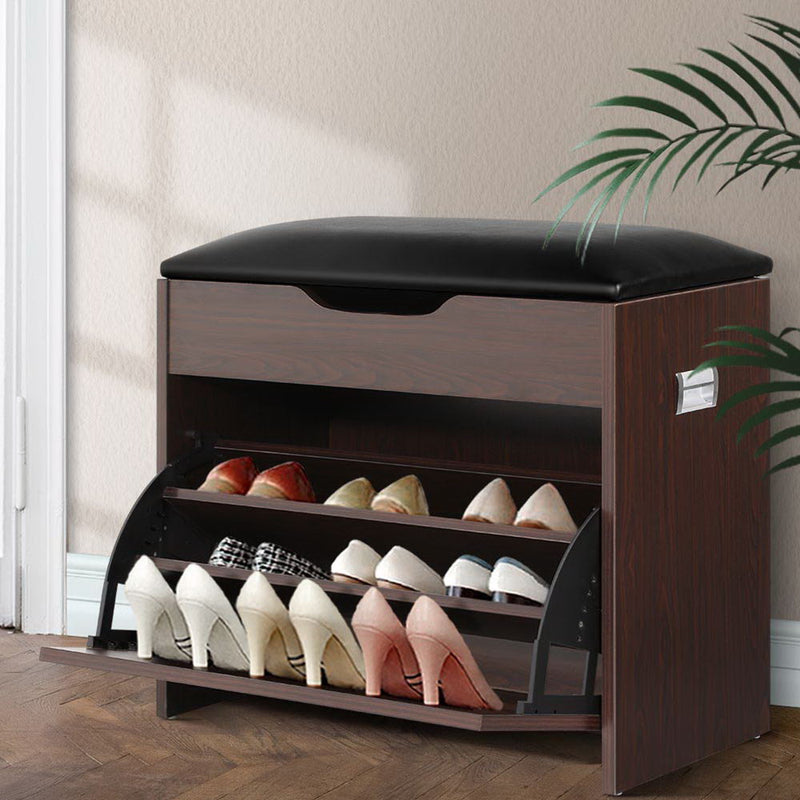 Artiss Shoe Rack Cabinet Bench 3-Tier 15 Pairs Walnut