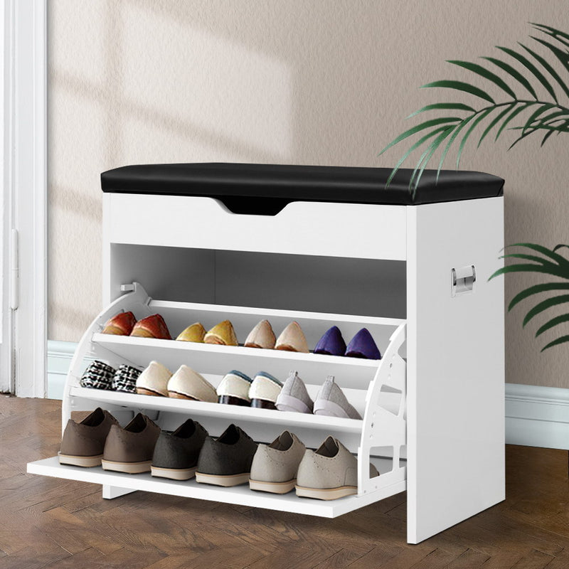 Artiss Shoe Rack Cabinet Bench 3-Tier 15 Pairs White