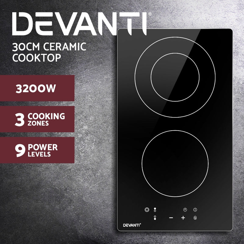 Devanti 30cm Electric Ceramic Cooktop 2 Burner