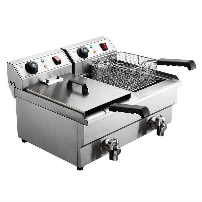 Devanti 20L Electric Deep Fryer Double Basket 6000W Oil Tap