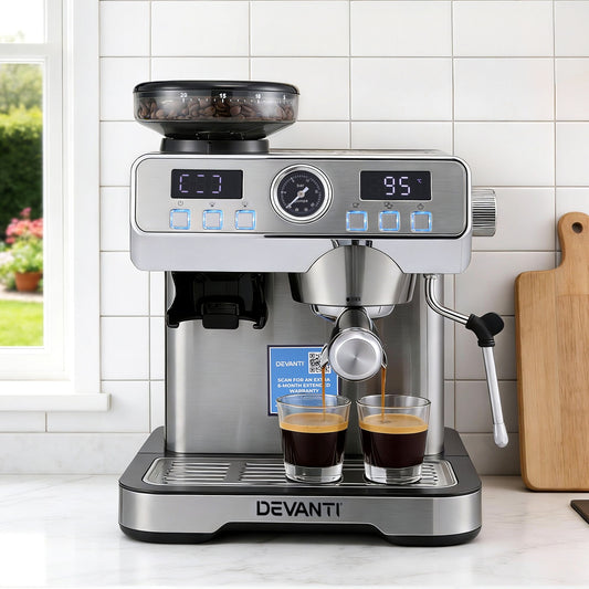 Devanti Coffee Machine Espresso Maker Grinder Milk Frother Steam Wand
