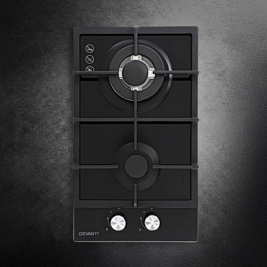 Devanti Gas Cooktop 30cm 2 Burner Built-in Wok NG LPG