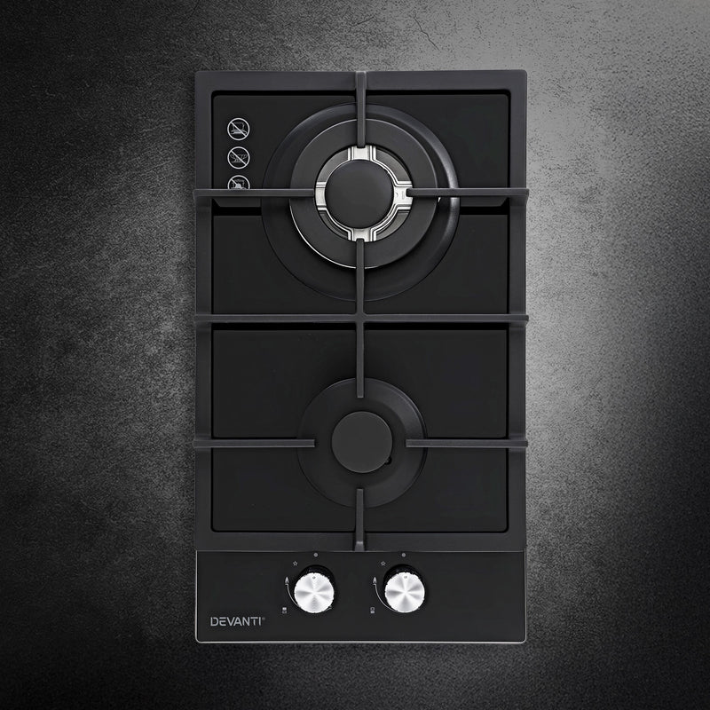 Devanti Gas Cooktop 30cm 2 Burner Built-in Wok NG LPG