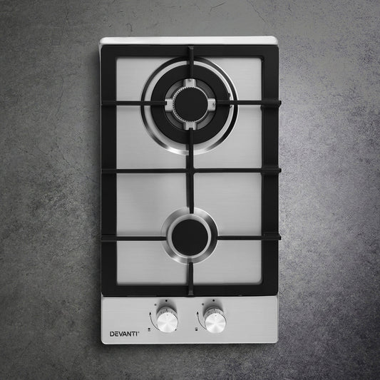 Devanti Gas Cooktop 30cm 2 Burner Silver Stainless