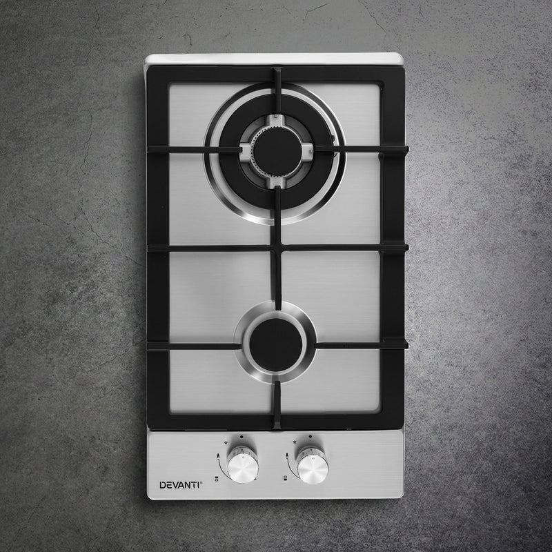 Devanti Gas Cooktop 30cm 2 Burner Silver Stainless