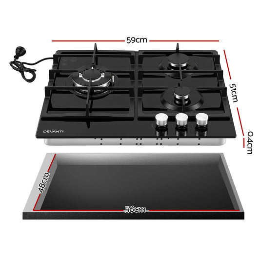 Devanti 59cm Gas Cooktop 3 Burner Knob Control Glass Hob Cast Iron Black