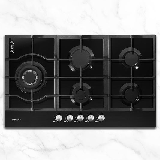 Devanti Gas Cooktop 90cm 5 Burner Black Stove