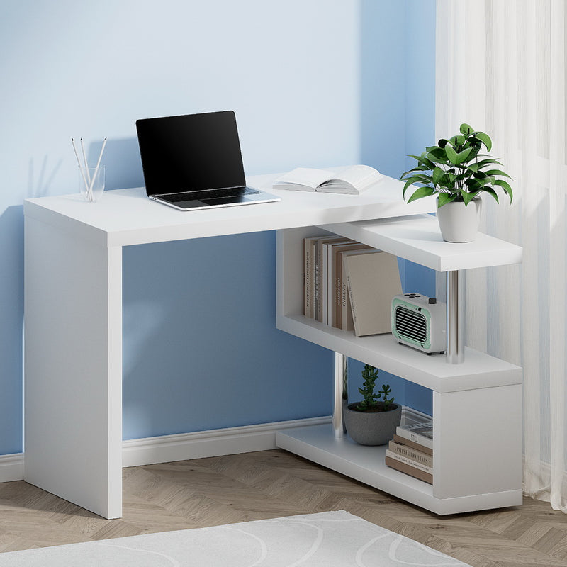 Artiss L-Shape Computer Desk with Bookshelf White