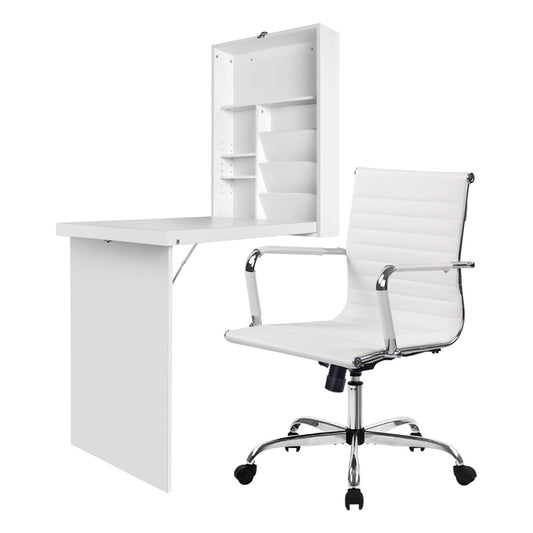 Artiss Computer Desk Chair Set White PU Leather Foldable