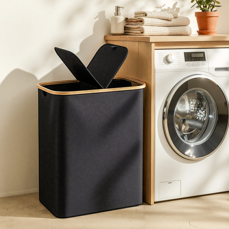 Artiss 2 Section Laundry Basket Removable Bags Foldable Black