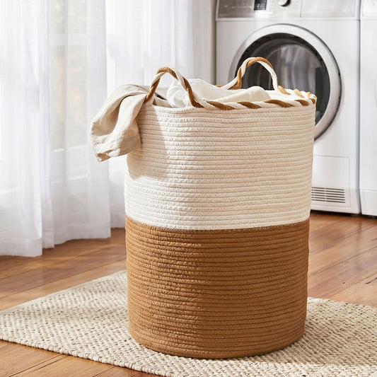 Artiss Woven Laundry Basket Foldable White Brown Handles