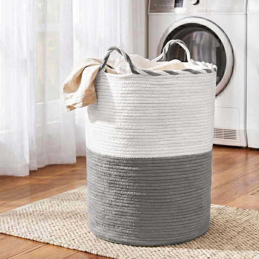 Artiss Woven Laundry Basket Foldable White Grey Handles