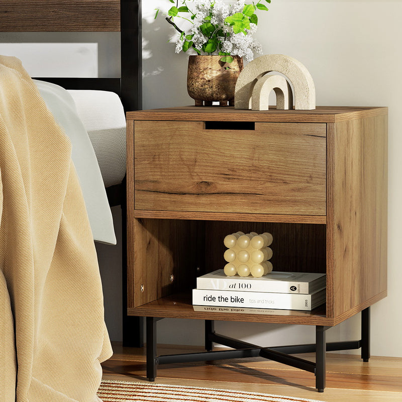 Artiss Bedside Table 2 Drawer Nightstand Rust Oak Storage