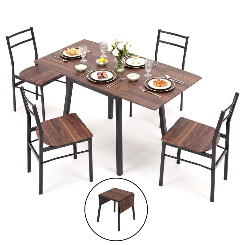 Artiss Dining Table and Chairs Set 5pcs with Extendable 60-120cm Drop-Leaf Table Brown