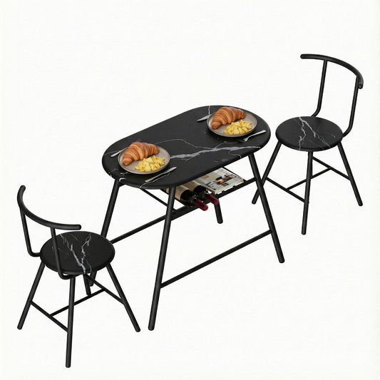Artiss Dining Table Set 3PC Bistro Kitchen Wine Rack Black Marble