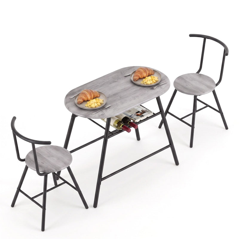 Artiss Oval Dining Table Set 3PC Space-Saving Bistro Kitchen Storage Wine Rack Grey