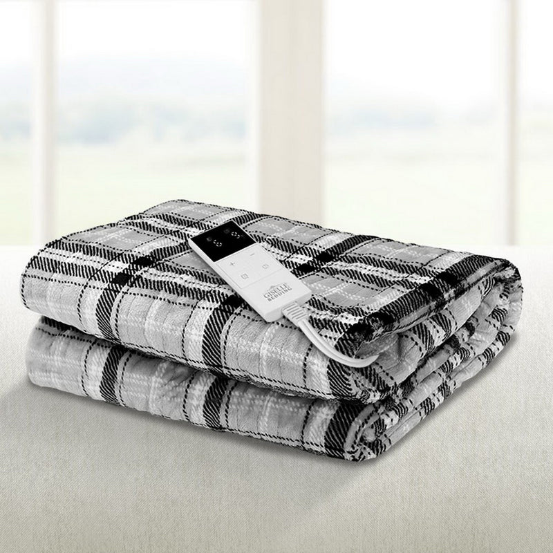 Giselle Electric Blanket Throw Grey White Checkered Heated Washable