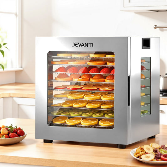 Devanti 10 Tray Food Dehydrator Stainless Steel Glass Door 850W