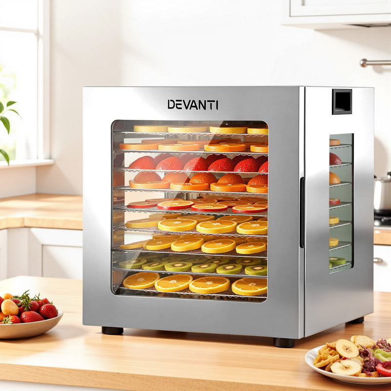 Devanti 10 Tray Food Dehydrator Stainless Steel Glass Door 850W
