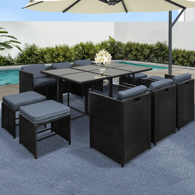 Gardeon 11 Piece Outdoor Dining Set Wicker Table Chairs Black
