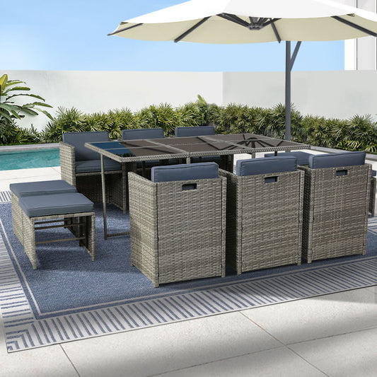 Gardeon 11 Piece Outdoor Dining Set Wicker Table Chairs Grey