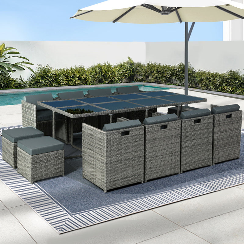 Gardeon 13pc Outdoor Dining Set Wicker Table Chairs Grey
