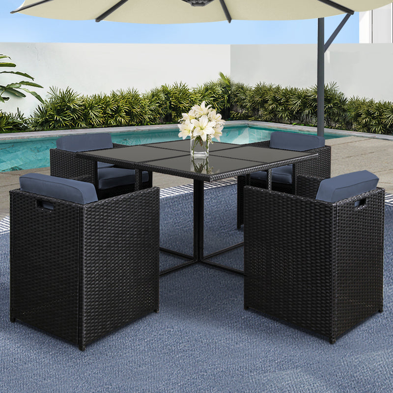 Gardeon Outdoor Dining Set 5pc Wicker Table Chairs Black