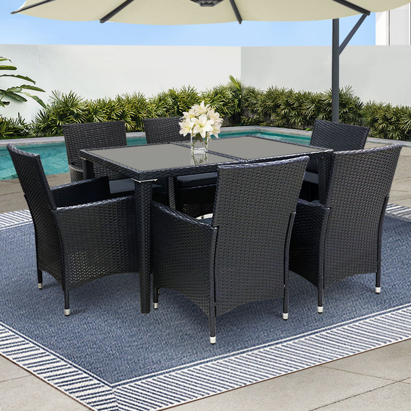 Gardeon 7pc Outdoor Dining Wicker Lounge Setting Black