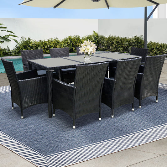 Gardeon 9 Piece Outdoor Dining Set Wicker Lounge Black