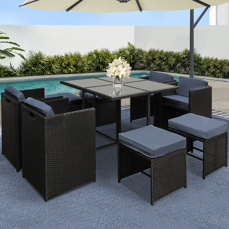 Gardeon Outdoor Dining Set 9pc Wicker Table Chairs Black