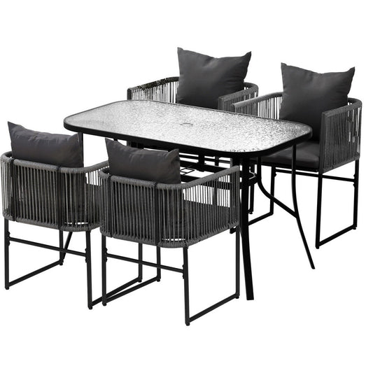 Gardeon 5PC Outdoor Dining Set Black Rope Patio Furniture Table Chairs
