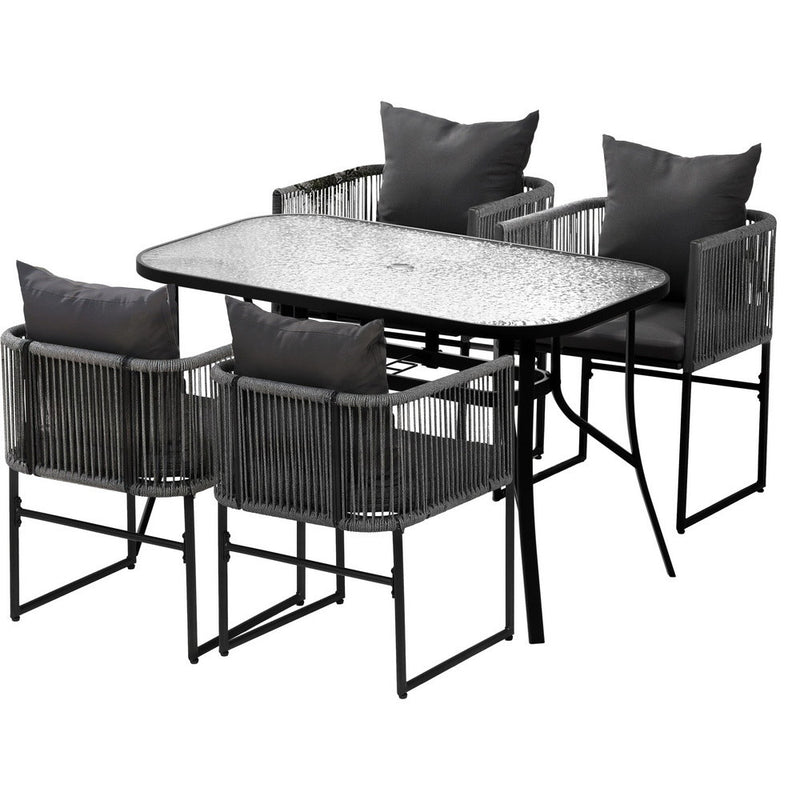 Gardeon 5PC Outdoor Dining Set Black Rope Patio Furniture Table Chairs