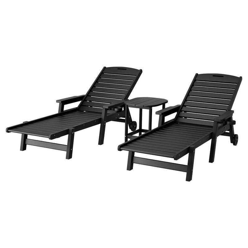 Gardeon Sun Lounge Chair HDPE Black with Wheels Outdoor Patio