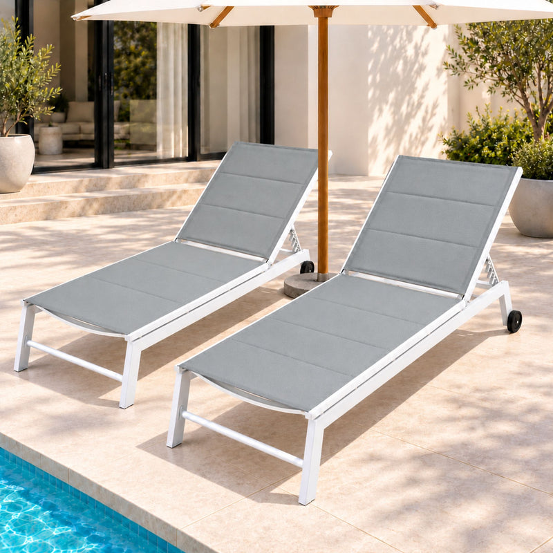 Gardeon 2PC Sun Lounger Chaise Lounge Wheels Patio Furniture Outdoor Setting White