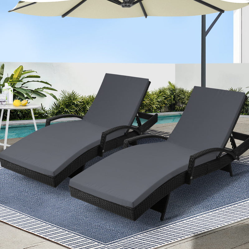 Gardeon 2PC Wicker Sun Lounger Outdoor Furniture Adjustable Black