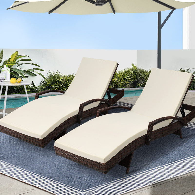 Gardeon 2PC Wicker Sun Lounger Outdoor Furniture Adjustable Brown